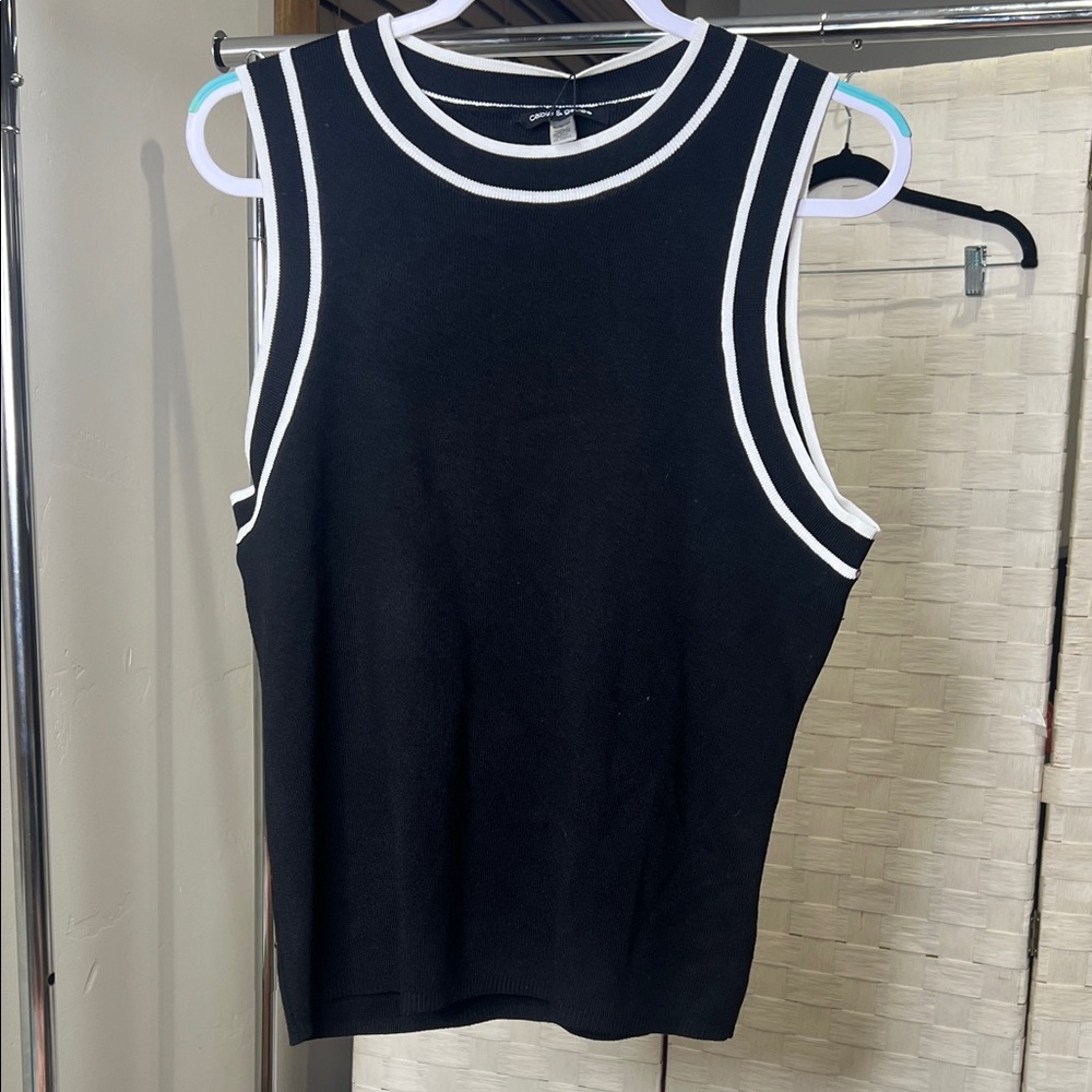 Cable & Gauge Black White Trim Sweater Vest Preppy Sleeveless Knit Top XL (NWT)